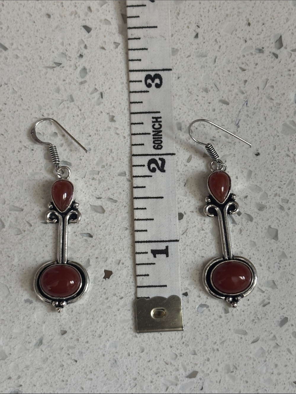Silver Red Carnelian Gemstone Drop Dangle Earrings - Picture 4 of 8